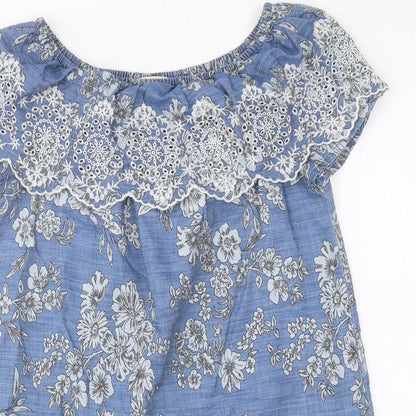 TU Womens Blue Floral 100% Cotton Mini Size 8 Off the Shoulder Pullover