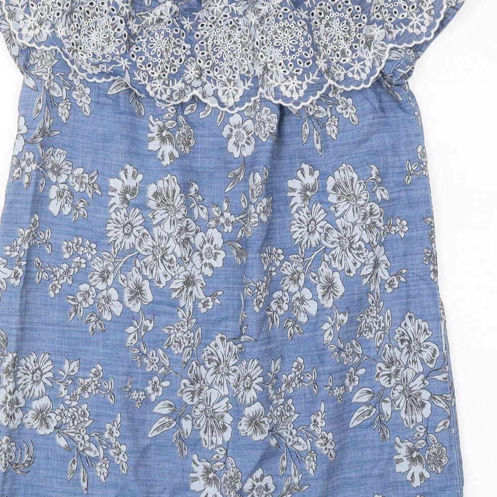 TU Womens Blue Floral 100% Cotton Mini Size 8 Off the Shoulder Pullover