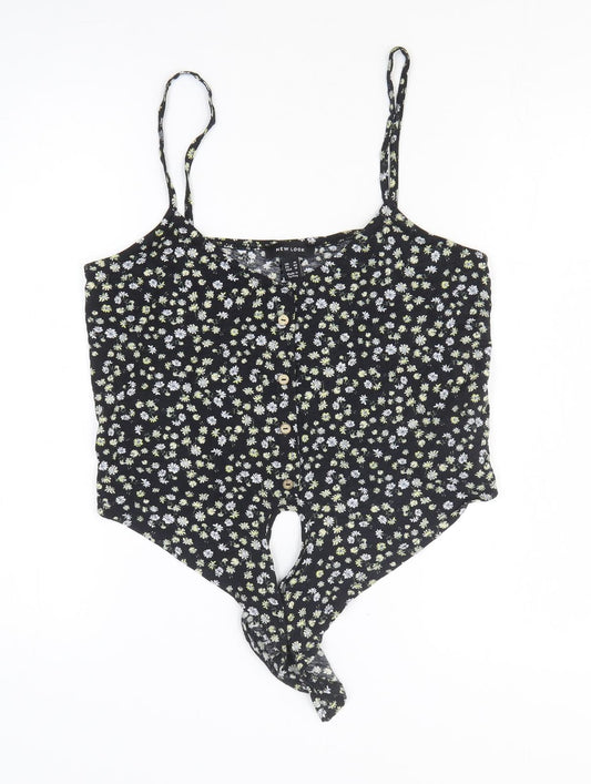 New Look Womens Black Floral Cotton Basic T-Shirt Size 14 Off the Shoulder - Tie Front