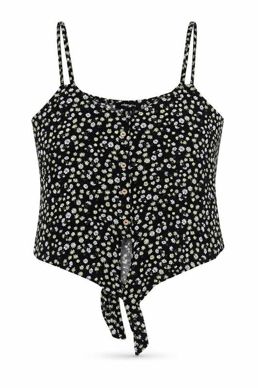 New Look Womens Black Floral Cotton Basic T-Shirt Size 14 Off the Shoulder - Tie Front