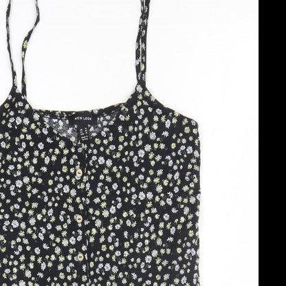 New Look Womens Black Floral Cotton Basic T-Shirt Size 14 Off the Shoulder - Tie Front
