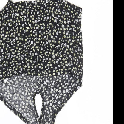 New Look Womens Black Floral Cotton Basic T-Shirt Size 14 Off the Shoulder - Tie Front