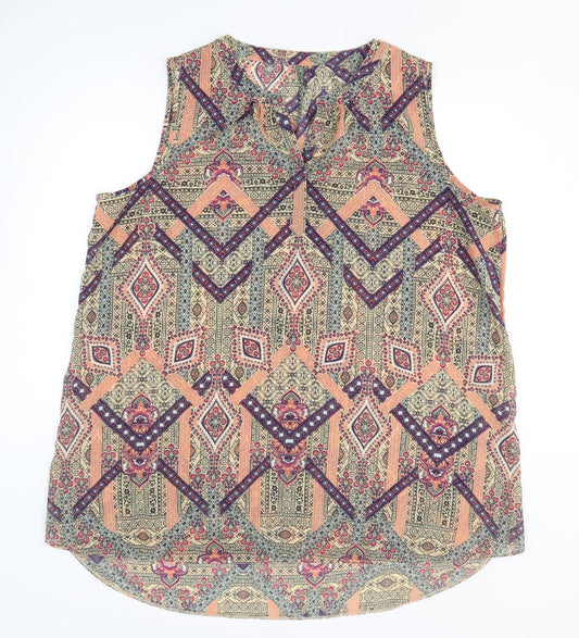 Preworn Womens Multicoloured Geometric Polyester Tank Dress Size M V-Neck Pullover