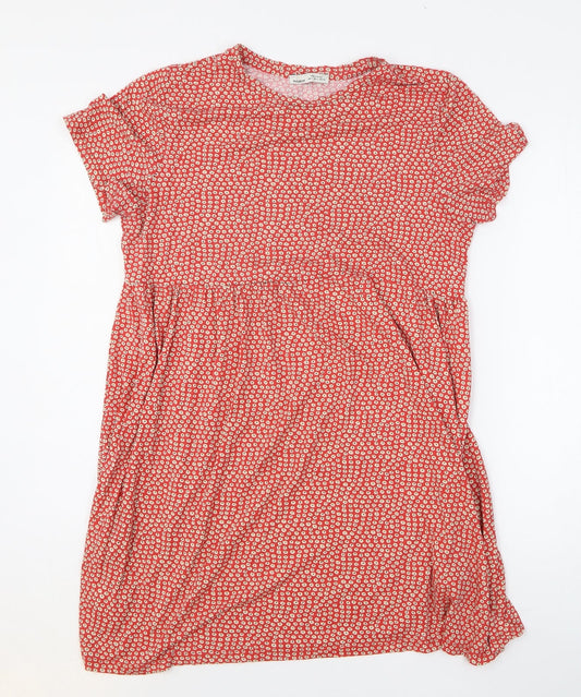 Pull&Bear Womens Red Floral Viscose Fit & Flare Size L Round Neck Pullover