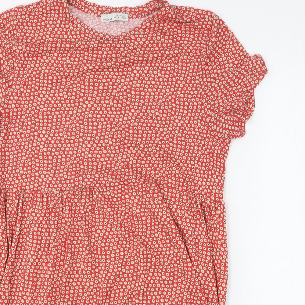 Pull&Bear Womens Red Floral Viscose Fit & Flare Size L Round Neck Pullover