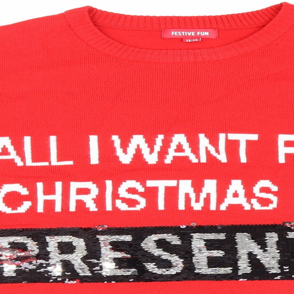 Festive fun Womens Red Round Neck Geometric Acrylic Pullover Jumper Size 12 - All I want for Christmas is Presents