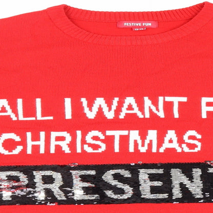 Festive fun Womens Red Round Neck Geometric Acrylic Pullover Jumper Size 12 - All I want for Christmas is Presents