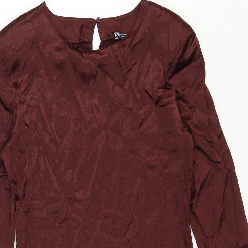 Zara Womens Brown Polyester Mini Size M Round Neck Pullover - Shoulder Pads