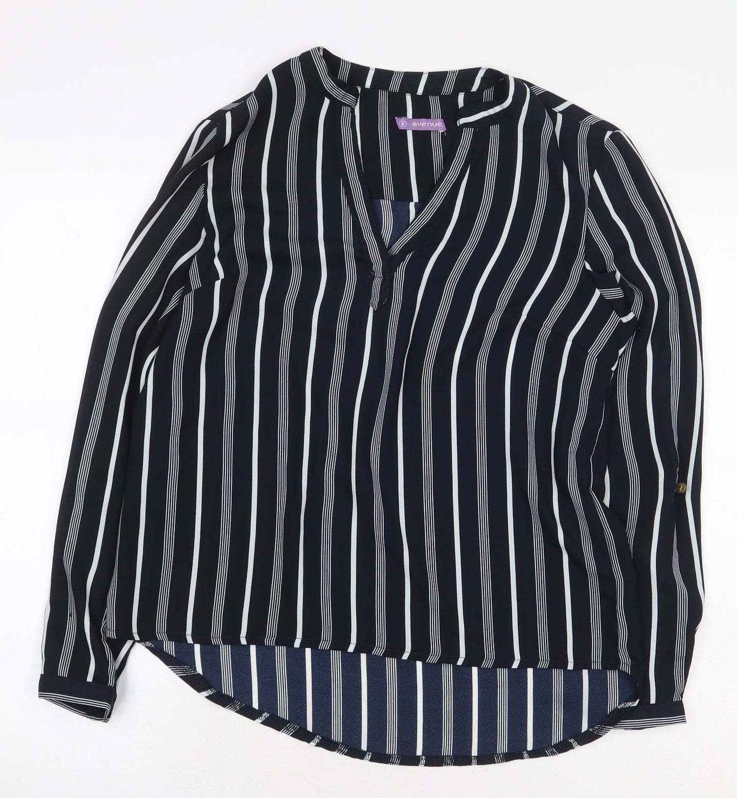 Avenue Womens Blue Striped Polyester Basic Blouse Size 8 V-Neck