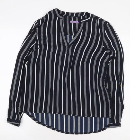 Avenue Womens Blue Striped Polyester Basic Blouse Size 8 V-Neck