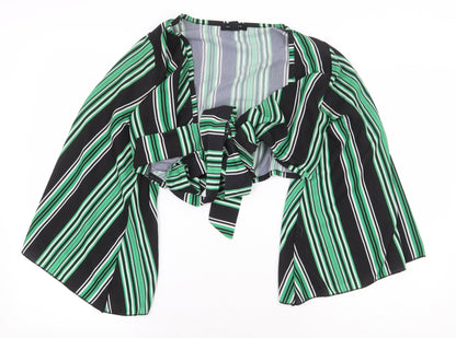 New Look Womens Green Striped Polyester Cropped Blouse Size 8 V-Neck
