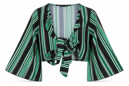 New Look Womens Green Striped Polyester Cropped Blouse Size 8 V-Neck