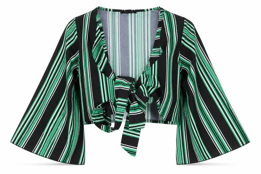 New Look Womens Green Striped Polyester Cropped Blouse Size 8 V-Neck
