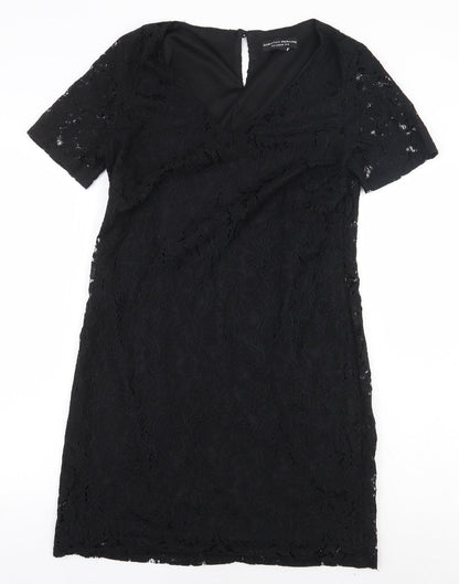 Dorothy Perkins Womens Black Floral Nylon Sheath Size 10 V-Neck Button