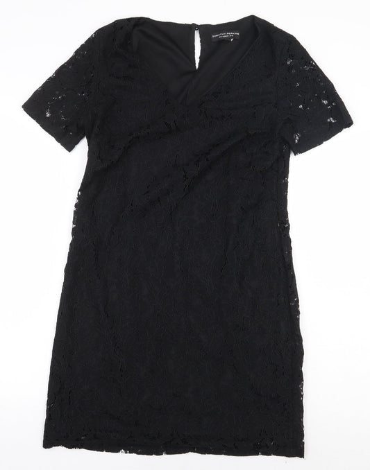 Dorothy Perkins Womens Black Floral Nylon Sheath Size 10 V-Neck Button