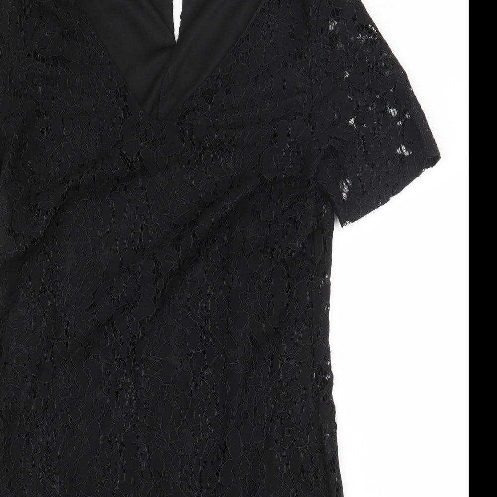 Dorothy Perkins Womens Black Floral Nylon Sheath Size 10 V-Neck Button