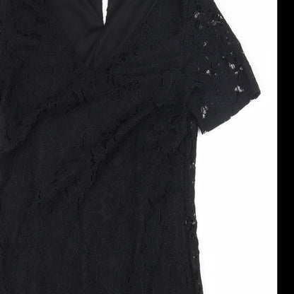 Dorothy Perkins Womens Black Floral Nylon Sheath Size 10 V-Neck Button