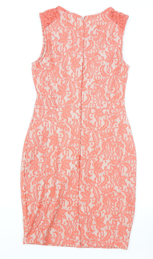 Warehouse Womens Pink Floral Polyester A-Line Size 10 Boat Neck Zip