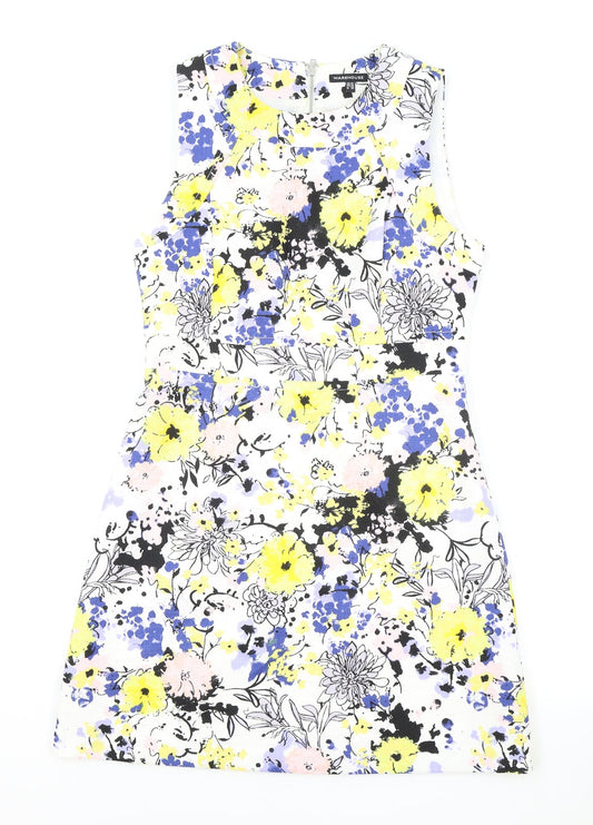 Warehouse Womens White Floral Polyester A-Line Size 10 Boat Neck Zip
