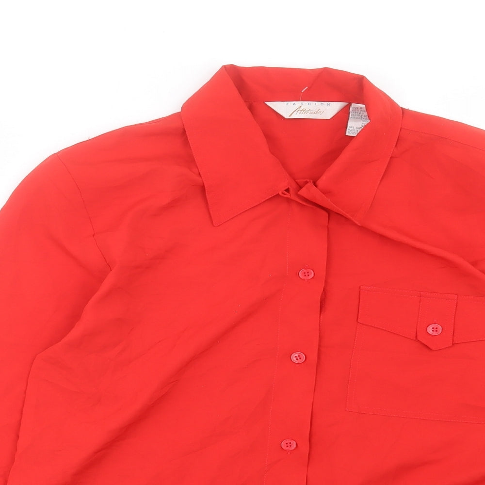 Attitudes Womens Red Polyester Basic Button-Up Size 8 Collared - Pocket Detail