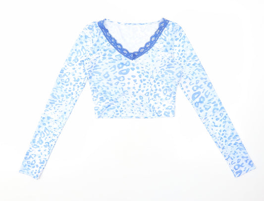 SheIn Womens Multicoloured Animal Print Polyester Cropped T-Shirt Size XS V-Neck - Leopard print lace detail