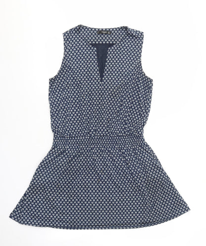 Mango Womens Blue Floral Polyester Skater Dress Size M V-Neck Pullover - Elastic Waistband