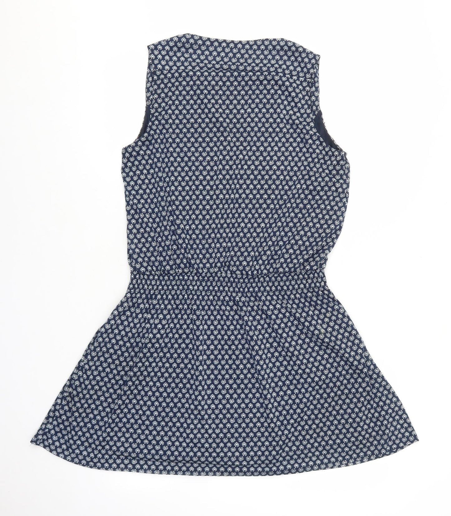 Mango Womens Blue Floral Polyester Skater Dress Size M V-Neck Pullover - Elastic Waistband