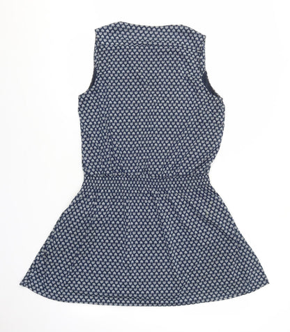 Mango Womens Blue Floral Polyester Skater Dress Size M V-Neck Pullover - Elastic Waistband