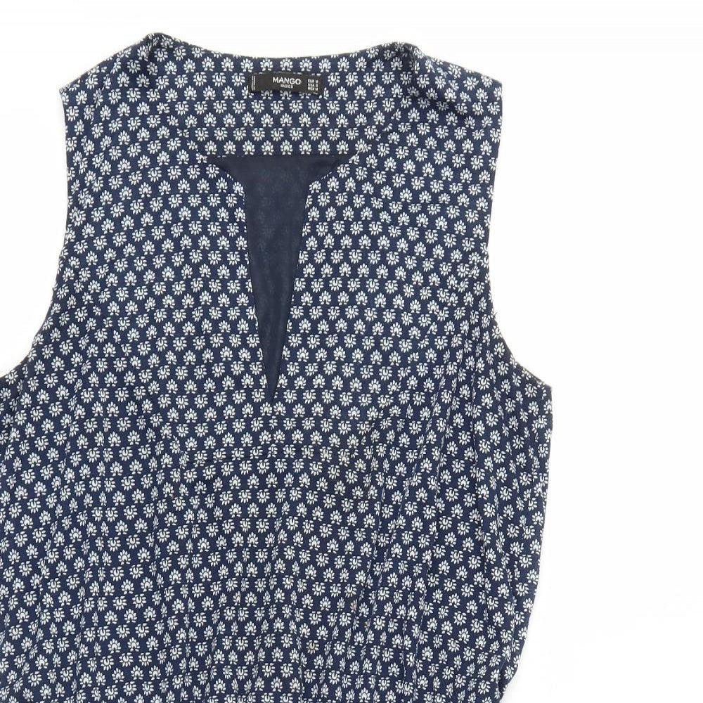 Mango Womens Blue Floral Polyester Skater Dress Size M V-Neck Pullover - Elastic Waistband