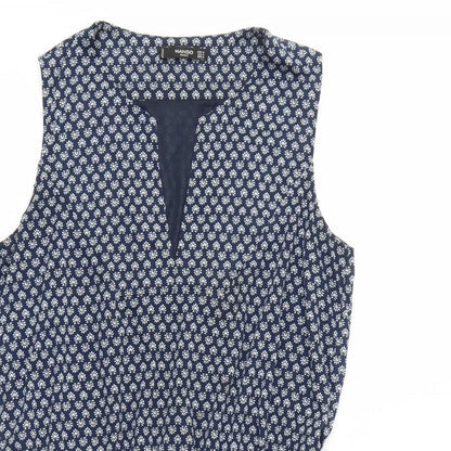 Mango Womens Blue Floral Polyester Skater Dress Size M V-Neck Pullover - Elastic Waistband