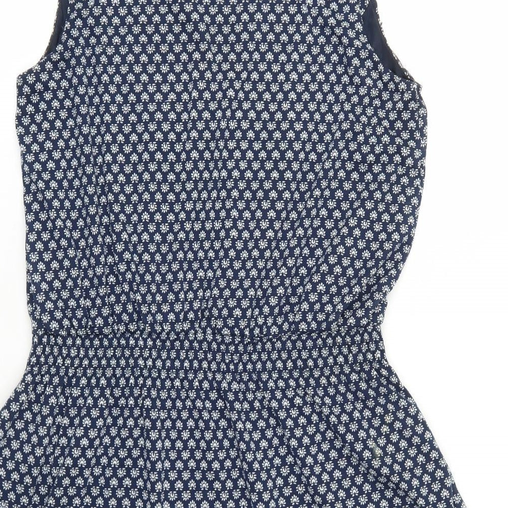 Mango Womens Blue Floral Polyester Skater Dress Size M V-Neck Pullover - Elastic Waistband