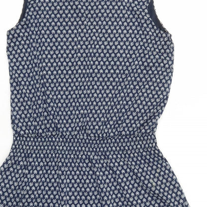 Mango Womens Blue Floral Polyester Skater Dress Size M V-Neck Pullover - Elastic Waistband