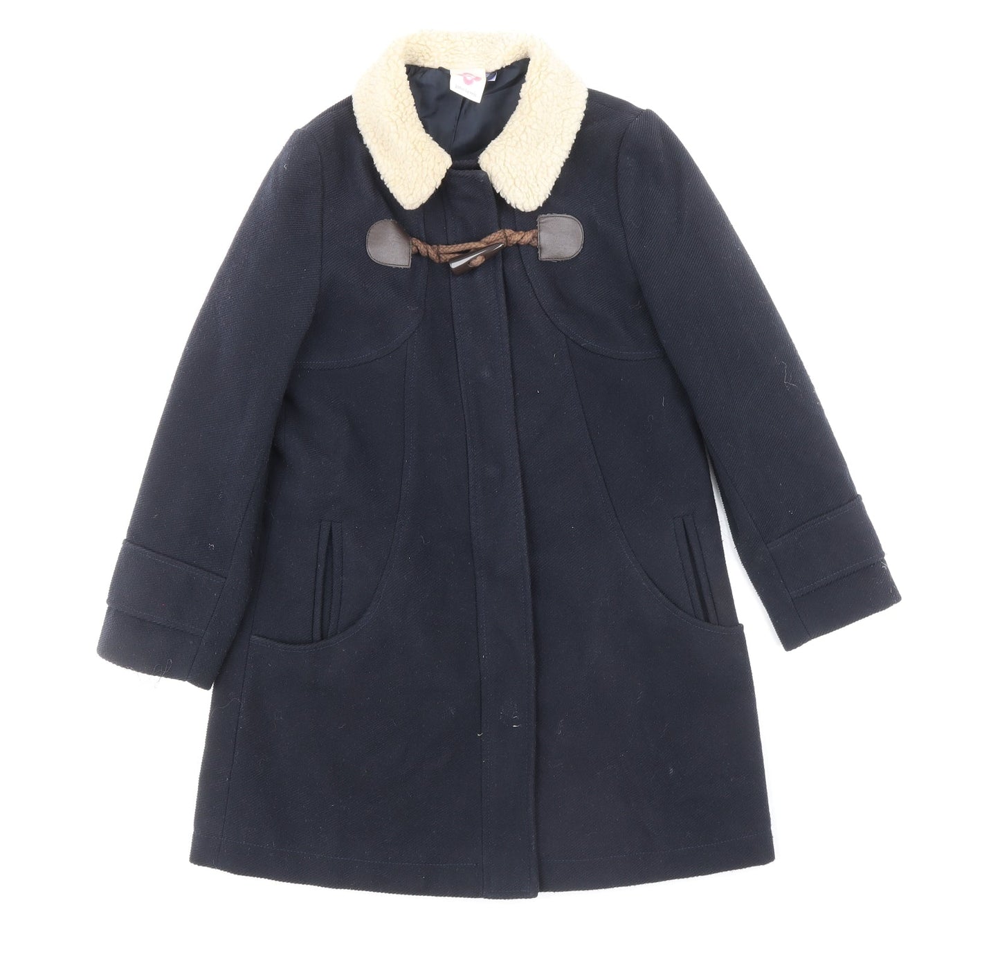 John Lewis Girls Blue Duffle Coat Coat Size 8 Years Snap - Fur Collar Polyester & Acrylic, Double Front Pocket, Top Fastening Detail, Buttoned Cuff