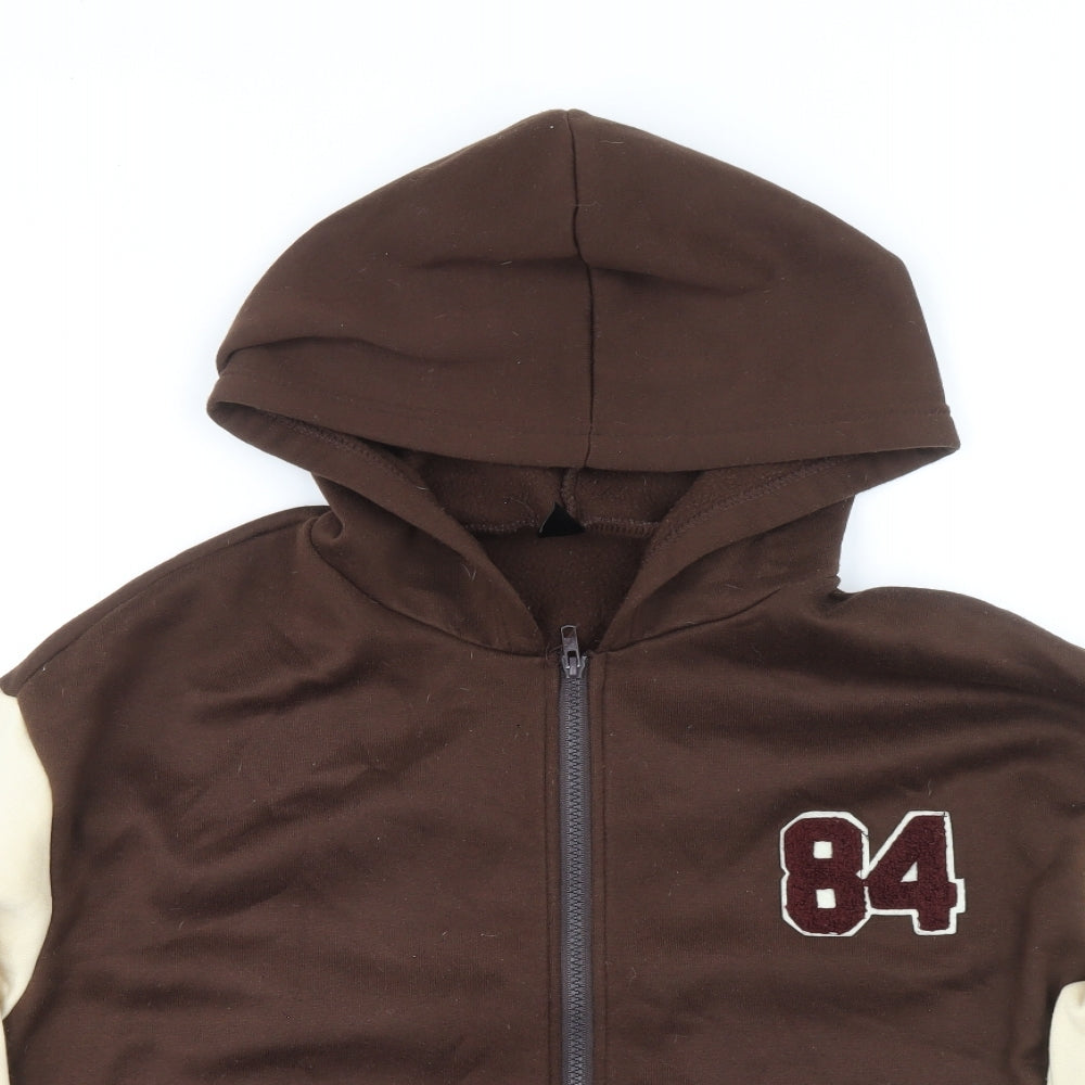 SheIn Womens Brown Colourblock Polyester Full Zip Hoodie Size S Zip - Varsity Style Number 84 Aplique