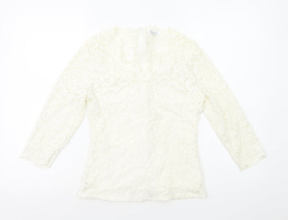 Diego Reiga Womens White Floral Viscose Basic T-Shirt Size 8 V-Neck