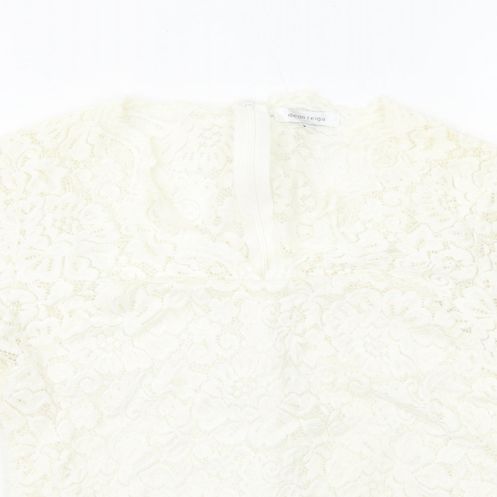 Diego Reiga Womens White Floral Viscose Basic T-Shirt Size 8 V-Neck