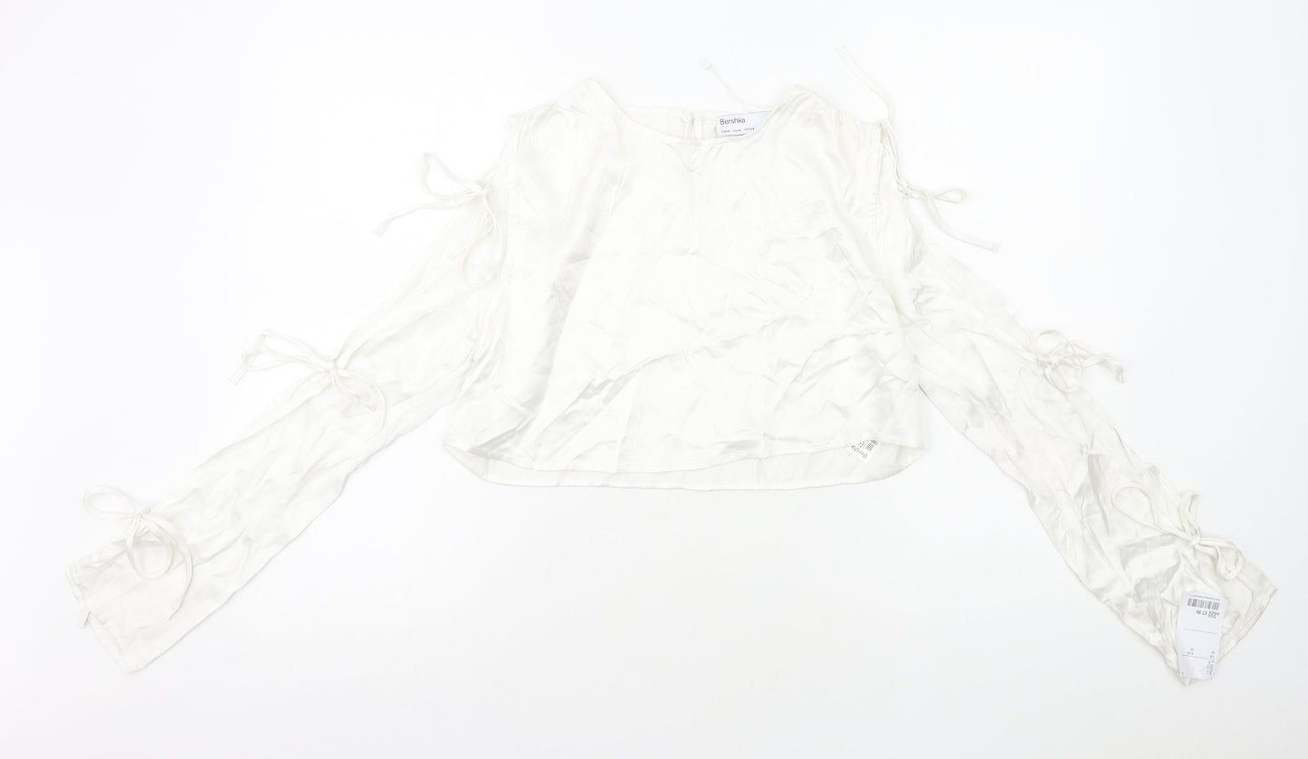 Bershka Womens White Polyester Cropped T-Shirt Size M Round Neck - Arm Cut Outs