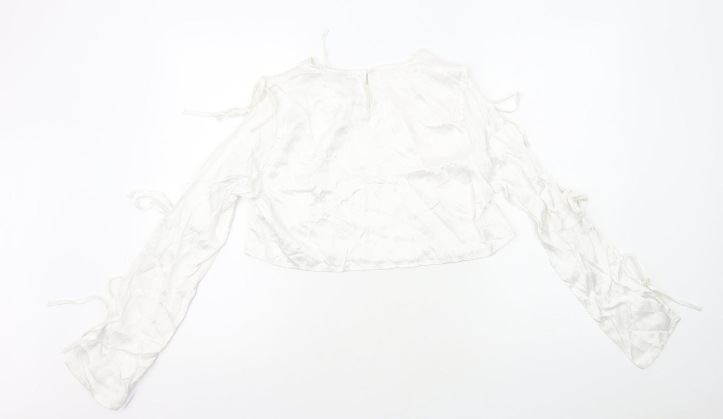 Bershka Womens White Polyester Cropped T-Shirt Size M Round Neck - Arm Cut Outs