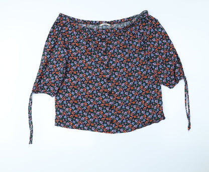 George Womens Black Floral Viscose Basic Button-Up Size 14 Off the Shoulder - Elasticated Collar