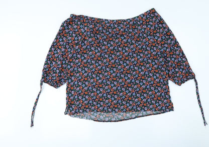 George Womens Black Floral Viscose Basic Button-Up Size 14 Off the Shoulder - Elasticated Collar