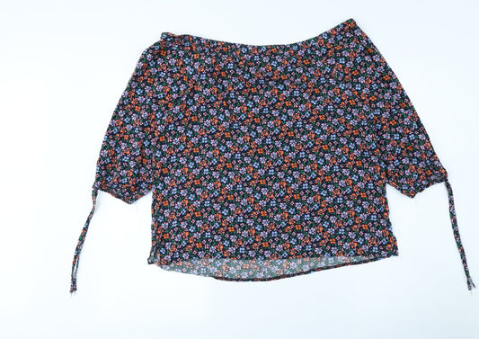 George Womens Black Floral Viscose Basic Button-Up Size 14 Off the Shoulder - Elasticated Collar