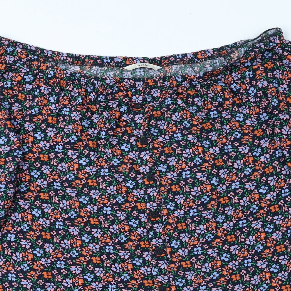 George Womens Black Floral Viscose Basic Button-Up Size 14 Off the Shoulder - Elasticated Collar