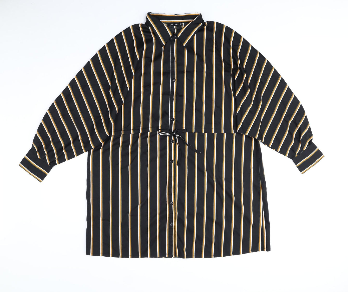 Boohoo Womens Black Striped Polyester Sheath Size 10 Collared Button