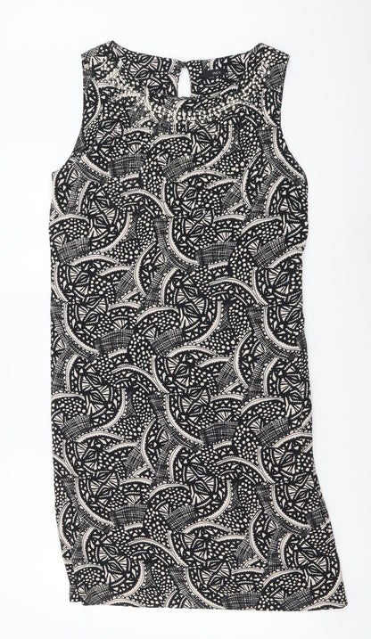 M&Co Womens Black Geometric Polyester A-Line Size 12 Round Neck Zip