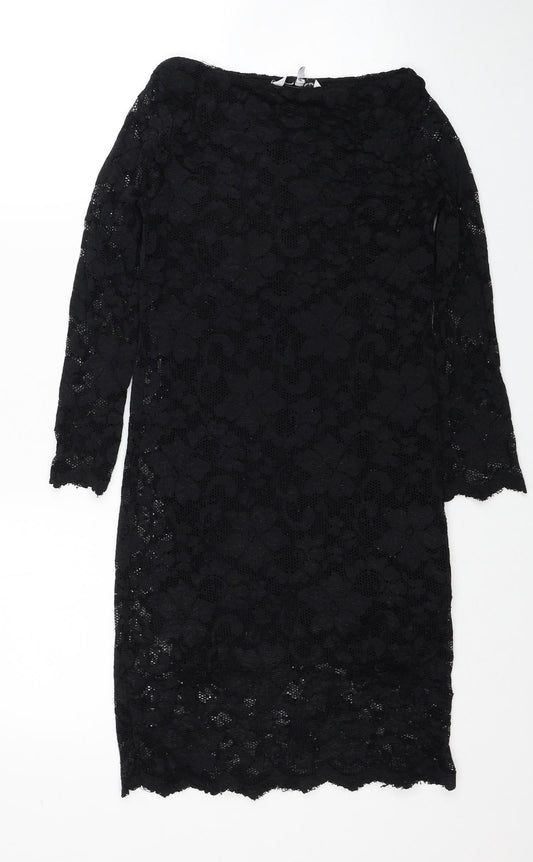 New Look Womens Black Floral Nylon Mini Size 10 Boat Neck Pullover