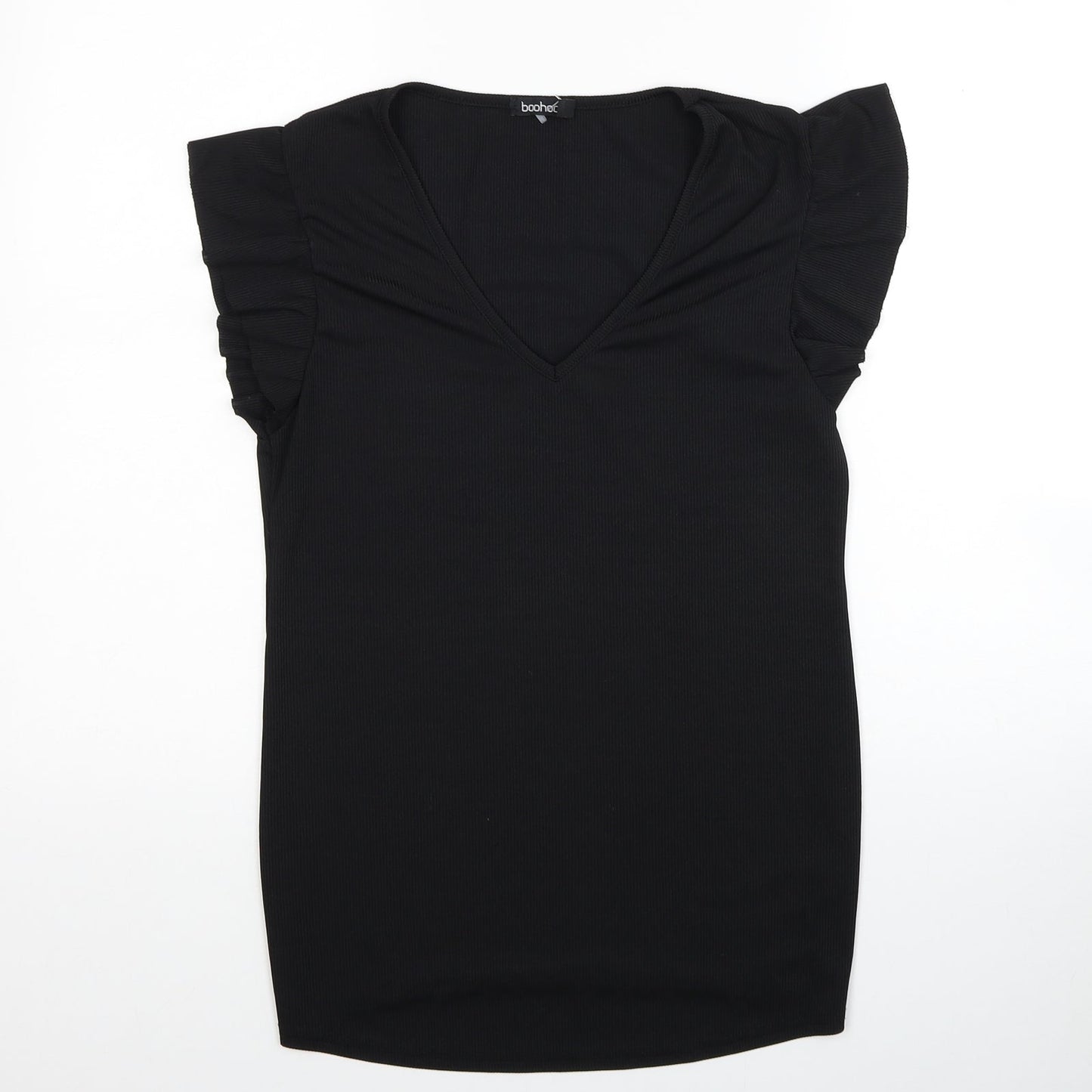 Boohoo Womens Black Polyester Tunic Blouse Size 10 V-Neck - Ribbed