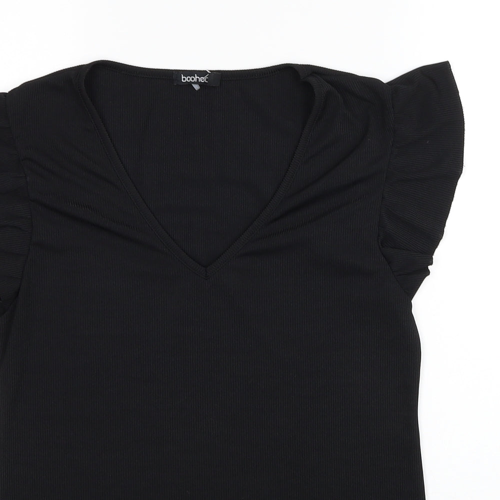 Boohoo Womens Black Polyester Tunic Blouse Size 10 V-Neck - Ribbed