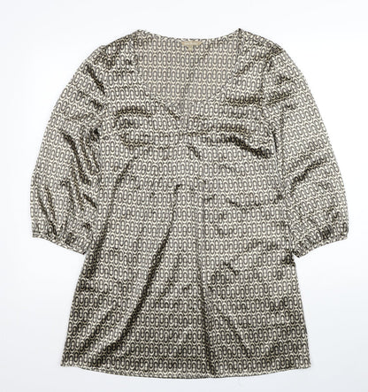 M&Co Womens Beige Geometric Polyester A-Line Size 10 Scoop Neck Pullover