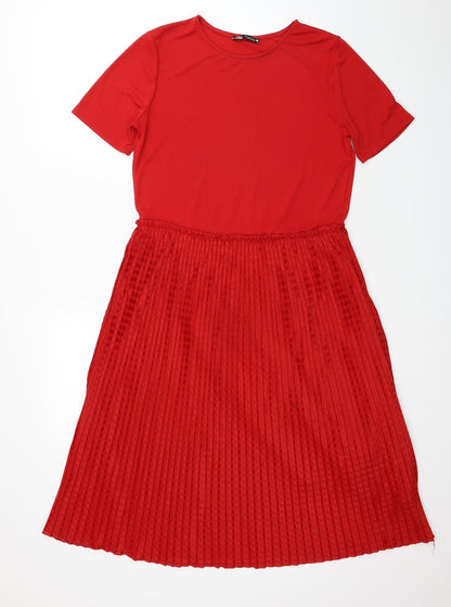 Zara Womens Red Polyester Fit & Flare Size M Round Neck Pullover