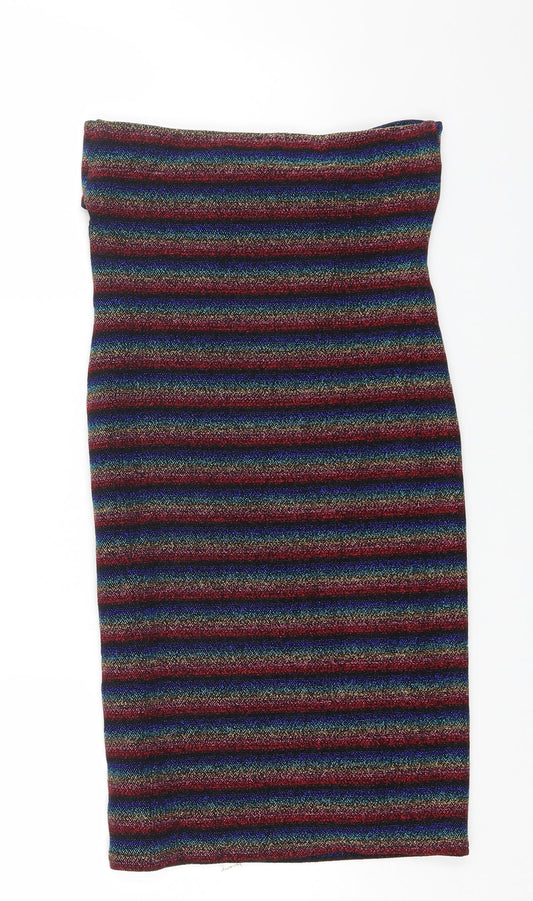 Topshop Womens Multicoloured Striped Nylon Bodycon Size 10 Off the Shoulder Pullover